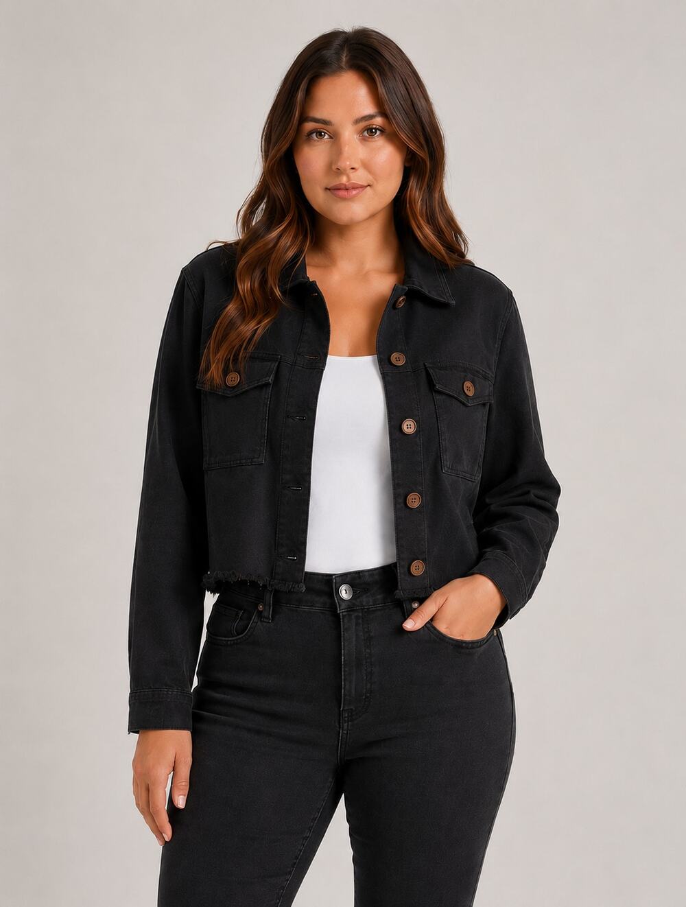 City Chic Lauren Fray Away Jacket Women Size 16 Black Denim Jean Raw Hem Cropped